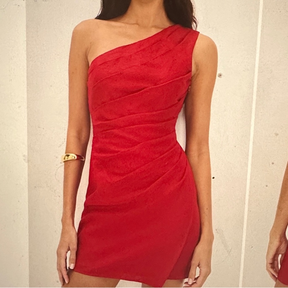 Reformation Vibrant Red One-Shoulder Dress Ciro Linen Dress